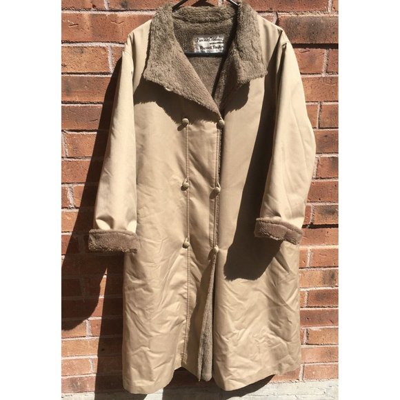Bonnie Cashin for Russel Taylor Vtg Beige Canvas Faux Fur Lined Coat - Size 16